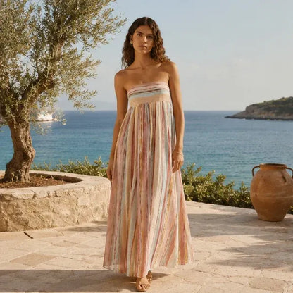 Robe Longue Bustier Plissée – Élégance Bohème & Couleurs Éclatantes