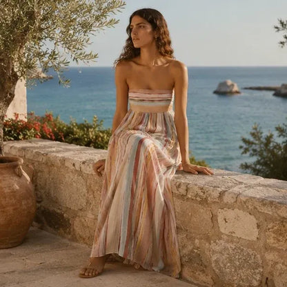 Robe Longue Bustier Plissée – Élégance Bohème & Couleurs Éclatantes