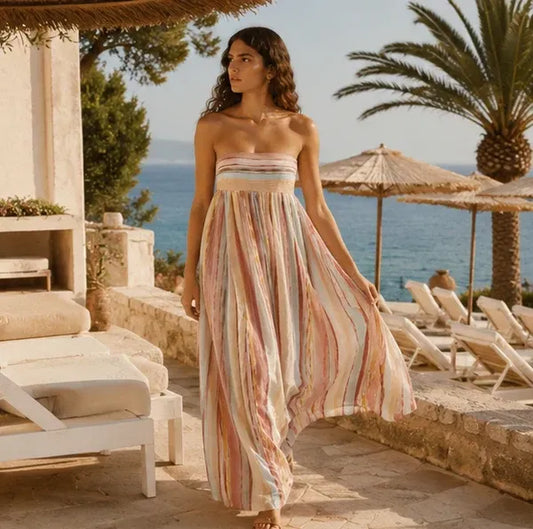Robe Longue Bustier Plissée – Élégance Bohème & Couleurs Éclatantes